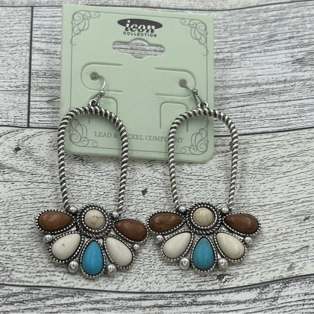 Turquoise Brown Ivory Stone Dangle Earrings NWT - Picture 3 of 5